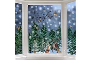 Horaldaily 4-Pack Christmas Static Cling Decals - Reusable Window Stickers of Trees, Deer & Snowflakes for Home, Party, and Shop Glass Decor.