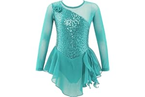 IEFIEL Vestido Lentejuelas de Danza para Niña Maillot Patinaje Artístico de Manga Larga Leotardo de Ballet Gimnasia Vestido de Bailarina 4-16 Años