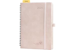 POPRUN Agenda Settimanale 2024 Spirale 22 x 16,5 cm, 1 Pagina a Settimana con 1 Pagina di Appunti, Righello Segnolibro, Copertina Morbida in Pelle PU, Carta da 100 gsm Certificata FSC®, Rosa Pallido