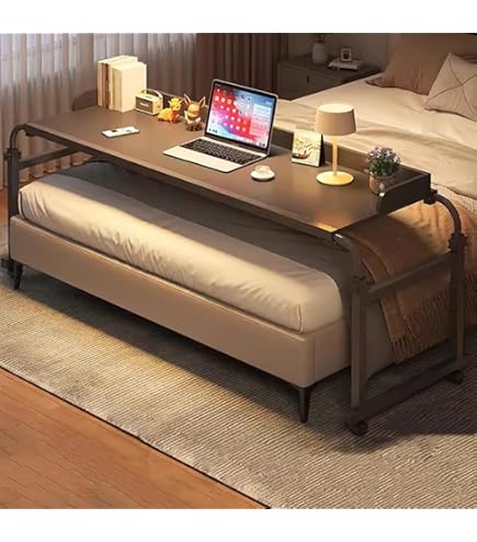 Overbed Table With Wheels, Rolling Desk Over Bed Adjustable Height Mobile Standing Laptop Table Over Bed King Queen With Headphone Hook Solid Wood Material For Home - View #11