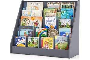 GYMAX Kids Bookcase, 5-Tier Children Bookshelf with Deep Compartments, Wooden Toddler Book Storage Rack for Kid's Room Nursery Kindergarten (Grey)