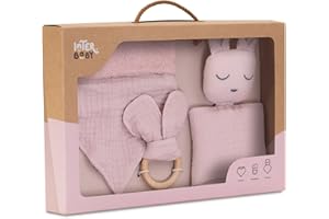 INTERBABY Set bebé: Doudou, Bandana, Mordedor Muselina Oso rosa maquillaje