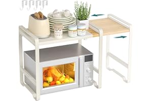 ‎SONGMICS SONGMICS Erweiterbares Mikrowellen Regal, Mikrowellenständer, 41,5-64 cm verstellbare Breite, Küchenregal für Arbeitsplatte, Stahl und Bambus, 4 Haken, cremeweiß-naturbeige KCS060W01
