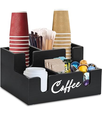 EOFJRUC Rotatable Cup & Lid Organizer - 4-Compartment Countertop Dispenser For 5-16 Oz Cups, Black