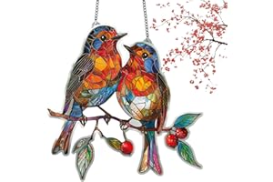 HURPAE Crystal Sky Bluebird Stained Art Ornament,2D Flat Hanging Garden Ornaments Outdoor,Crystal Bird Sun Catcher,Stained Glass Decorations,for Windows Hanging,Crystals Art Gift for Lovers(Two birds)