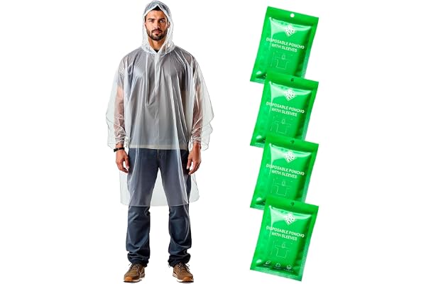 ZENO Regnponcho vattentät vuxen – festivalponcho – vattentät poncho med ärmar – engångsponcho klar med huva – nödponcho för vandring, cykling, camping, konsert – poncho paket med 4, genomskinlig, M-L