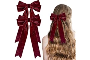 DMQ Red Velvet Bow Hair Clips - 2Pcs Solid Color Bowknot Barrettes with Long Ribbon, French Soft Satin Silky Hair Bows Gifts for Women & Girls