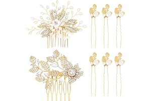 Dizila 8 Pieces Gold Metal Wedding Bridal Pearl Rhinestone Flower Hair Side Comb Slides+U-shaped Leaf Hair Pins Headpieces Accessories for Brides Bridesmaids Women Girls