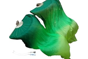 Winged Sirenny Pair Spinning Silk Fan Veils with Poi Strings,150cm (59") Fan Pois for Belly Dance, Flow Arts & Performance, with Adjustable Bamboo Handles & Carry Bag (Emerald)