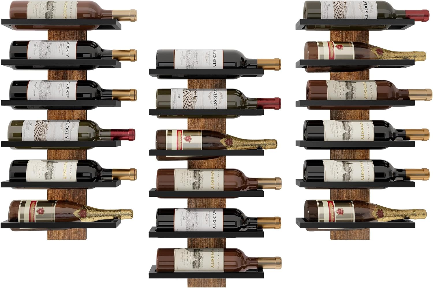 FAVOOSTY Botellero Pared 3 Set, Botellero Vertical, Estante para Botellas con 6 Niveles, 6 Botellas de Vino, Soporte para Botellas, Estante de Metal para Botellas de Vino, para Comedor, Bodega, Negro
