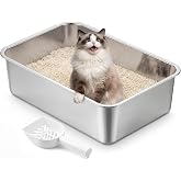 Feandrea Stainless Steel Cat Litter Box, Open, Odorless | Cat Accessories, 50 x 35 x 15 cm, High Edges, Silver, Boxal Collect