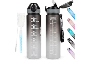 AOHAN Water Bottles 1L BPA Free Sport Drinking Bottle with Straw, Dishwasher Safe Lock Cover Leakproof Motivational Water Bottle with Time Markings, Non-Toxic Canteen Bottle (Black Grey) (SH0008)
