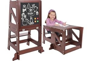 YOLEO Tour d'apprentissage Transformable, Pliable, Tour d'observation pour Enfants Montessori Learning Bois Naturel Kitchen Helper avec Tableau Noir et Blanc,Table et Chaise pour Enfant