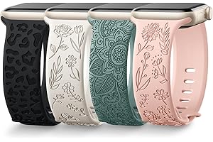 Upeak 4 Pack Multi-pattern Engraved Straps Compatible with Apple Watch Strap 40mm 41mm 38mm Women, Soft Silicone Cute Flowers Leopard Sport Band for iWatch Straps Ultra SE Series 9 8 7 6 5 3 2, Set A