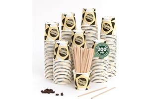 Horeca Collection MAXI PRODUCTS - 200 Unidades Vasos Café Desechables con Paletina - Vasos Cartón 120 cc - Vasos Desechables Catering - Vasos Café para Llevar - APTO BEBIDAS CALIENTES Y FRÍAS