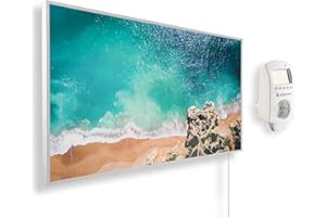 Könighaus Calefactor por Infrarrojos con Cuadro, 800 Vatios + Termostato Inteligente y Aplicación Könighaus - Estufa de Pared de Bajo Consumo - TÜV SÜD - Marco Blanco (15. Playa paradisíaca 2)