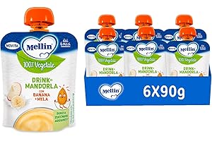 DANONE MELLIN Merenda 100% Vegetale, Pouch Mandorla, gusto Mela e Banana 90g, Senza Zuccheri Aggiunti- 6 Confezioni da 90g