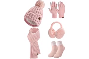 heekpek 5 en 1 Tricotés Ensemble Femme Hiver Bonnet Echarpe Gants d'écran Tactile Doublure Doux Tricoté Chaud Cache Oreilles Chaussettes Thermiques pour l'hiver Ski Sports