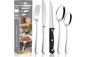 TERLULU 30 Piece Cutlery Set with Steak Knives, Stainless Steel Cutlery Flatware Set Service for 6, Tableware Silverware Set with Fork Knife Spoon for Home Restaurant, Mirror Polished & Dishwasher Safe