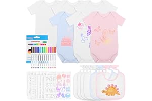 Aragallant 12 Stück Baby Lätzchen zum Bemalen, 6 Kurzarmbody aus Baumwolle Doppelseitig + 6 Lätzchen mit Farbigem Textilstift, Bodys zum Bemalen für Babyparty Babyshower Spiele