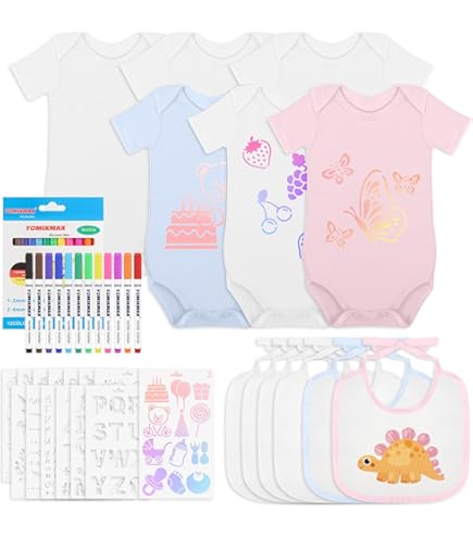 8 Bodies Blancs Pochoirs Kit Body Bébé à Colorier HENGBIRD - 8 Bodies + Pochoirs + Stylos - Baby Shower DIY Bavoirs Pour Poupées