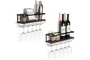 B4Life Wandmontierte Weinregal mit Glashalter, 2er Set Weinglasregal Holz, Vintage Flaschenregal aus Schwimmregale mit Stemware, Weinregalregal mit Glashalter Wandmontage für Esszimmer Home Bar Küche