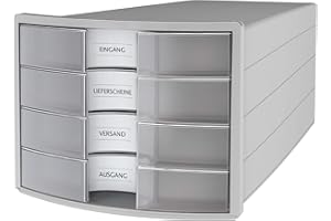 HANLESI HAN Pudełko do szuflad Impuls 2.0 z 4 zamkniętymi szufladami do DIN A4/C4 wraz z tabliczkami opisowymi, blokada wysuwania, gumowe nóżki chroniące meble, jakość premium, 1012-63,