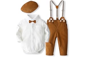Geagodelia Ensemble Gentleman Bébé Garçon de 3 Pièces, Body Chemise à Manches Longues avec Noeud + Pantalon à Bretelle + Chapeau