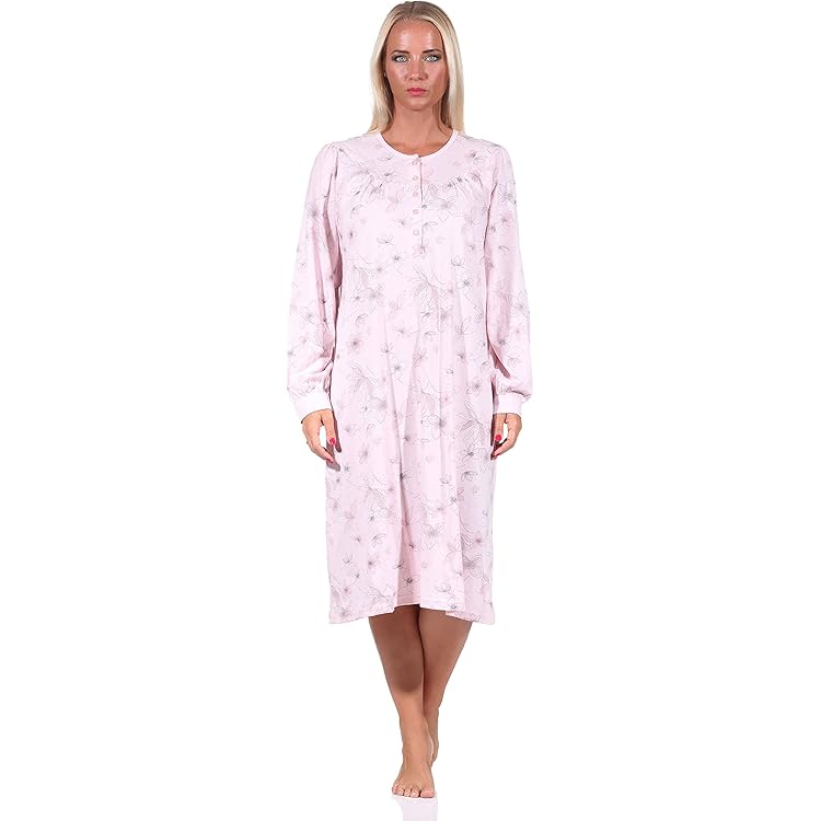 NORMANN WÄSCHEFABRIK Dames nachthemd met lange mouwen van katoen jersey, sleepshirt met henley-halslijn, Rosa, M