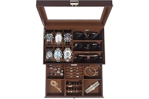 Kukikan Watch Jewellery Box Organiser, Watch Case and Sunglasses Storage with Large Glass Lid, 6 Slots and 2 Layers, Men's Jewellery Box with Lock, Watch Holder Display Case, Gift for Men Women