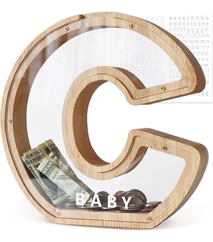 Lakpopya Tirelire en Bois pour Enfant Tirelire Cochon Personnalisée de Lettres A à Z Tirelire Billet Transparente Créative pour Cadeau Décoration Baptême pour Fille Garcon (A