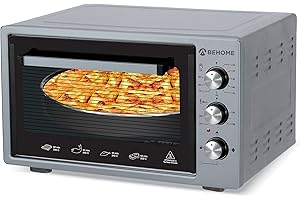 BEHOME Forno Elettrico Ventilato 38 litri con Girarrosto, Autopulente e Smaltato, Temperatura fino a 320° Doppio Vetro con Luce Interna e Timer 2 Teglie e 1 Griglia (Grigio)