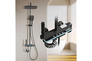 STANEW Columna Ducha de Titanio Negro Con Cabezal Cuadrado,Columna Ducha de 4 Chorros,Pantalla LED,Ducha de Mano con 3 Modos,Altura ajustable (Negro)