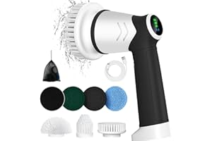 BOOHENKA Spazzola elettrica per la pulizia, display a LED, con 6 testine per la casa, piastrelle, pavimento, pneumatici per auto, ricarica di tipo C, 2 modalità (nero)