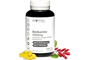 HIVITAL FOODS Berberin 1000 mg. 120 vegane Kapseln. Mit Chrom und schwarzem Pfeffer für eine bessere Aufnahme. Der beste konzentrierte Extrakt aus Berberis Vulgaris.