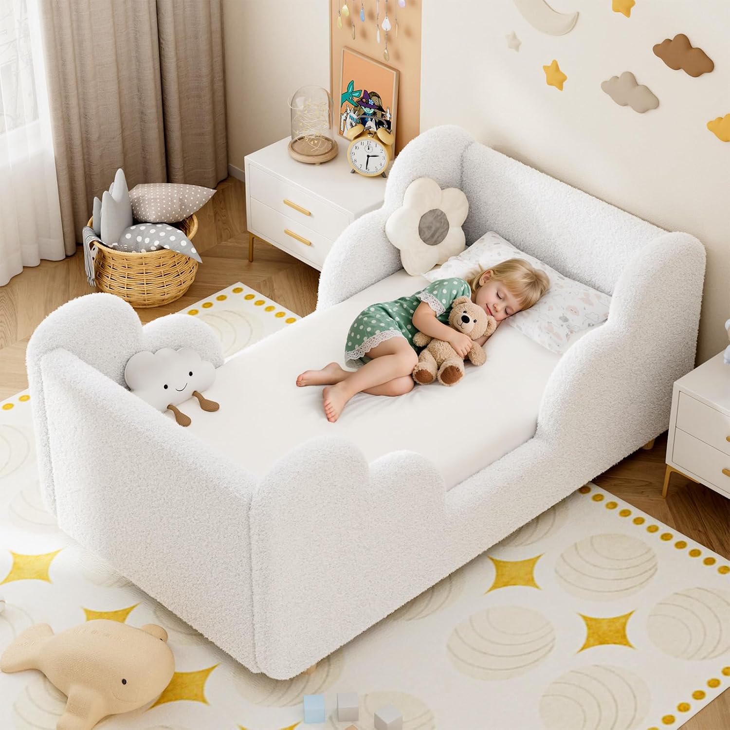 Ryuhic Toddler Bed, 140x70cm Soft Padded Kids Bed with Cloud-Shaped Safety Guardrails, Low Bed Frame for Girls Boys Children, Cot to Bed Transition (Mattress NOT Included)