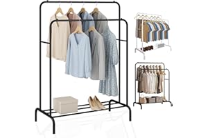 EveryKip® Burro Ropa | Perchero de Ropa Resistente Blanco | 110X150X54Cm | Con Soporte para Zapatos | Fácil Montaje | Organizador Colgador Para Ropa Doble de Oficina Ergonomico (Negro)