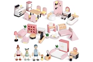 Wooden Dollhouse Furniture Set with 4 Family Dolls, 36 Pcs Sanlebi Doll House Accessories and Furniture, Miniature Furniture Including 5 Room Kits, Pretend Play Toy Gift for Boys Girls Toddler 3+
