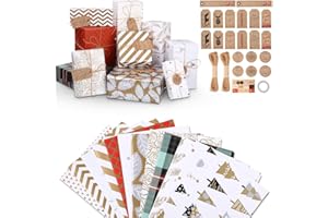SOBEAU 12 Papel de Regalo Navidad, Papel Envolver Regalo Reciclable Con Hilo de Yute y Tarjeta Regalo, 12 Juegos Diferentes de Oro y Blanco, Papel Regalo Infantil para Cumpleaños, Navidad (70x50cm)
