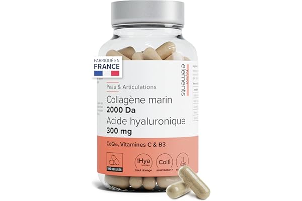 Collagène marin 2000Da + Acide hyaluronique 300mg, haute absorption, types I&III, peau hydratée, Coenzyme Q10, Vitamine C et B3, pêche responsable -100 gélules - Beyond Elements