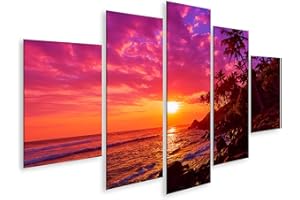 islandburner Tableau sur toile Coucher de soleil sur la plage tropicale avec des silhouettes de palmiers Cadre Affiche Poster Murale Tableaux