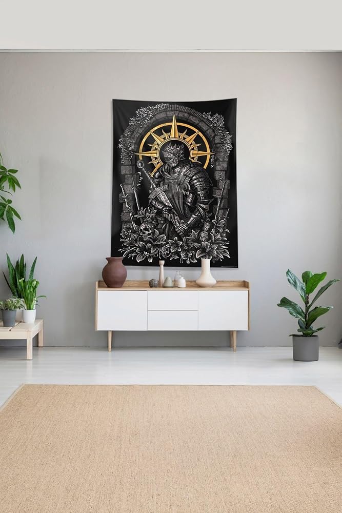 Ontheclouds Siyah Şövalye Desenli Leke Tutmaz Kadife Kumaş Duvar Örtüsü Duvar Halısı Tapestry, 70 x 100