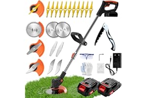 GOMPUY Rasentrimmer Mit Akku, Freischneider Akku, Akku-Rasentrimmer mit 2 X 21V 2000 mAh Akkus und Ladegerät, Rasentrimmer mit 3 Verschiedenen Klingen, Einstellbare Länge für Gärten, Rasenflächen, Büsche