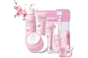 SNOCKOO Sakura Gesichtspflege Set 13pcs Korean Skincare mit Hyaluron & Niacinamide - Tonmaske, Serum, Gesichtscreme, Cleanser, Toner, Augenserum, Lippenbalsam Geschenkset für Gesicht Reinigung & Pflege