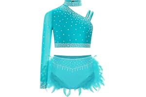 Freebily Abito da Ballo Latino Americano Bambina Completo da Pattinaggio Artistico con Strass Crop Top Danza Moderna Monospalla + Minigonna di Danza Costume Danza Samba