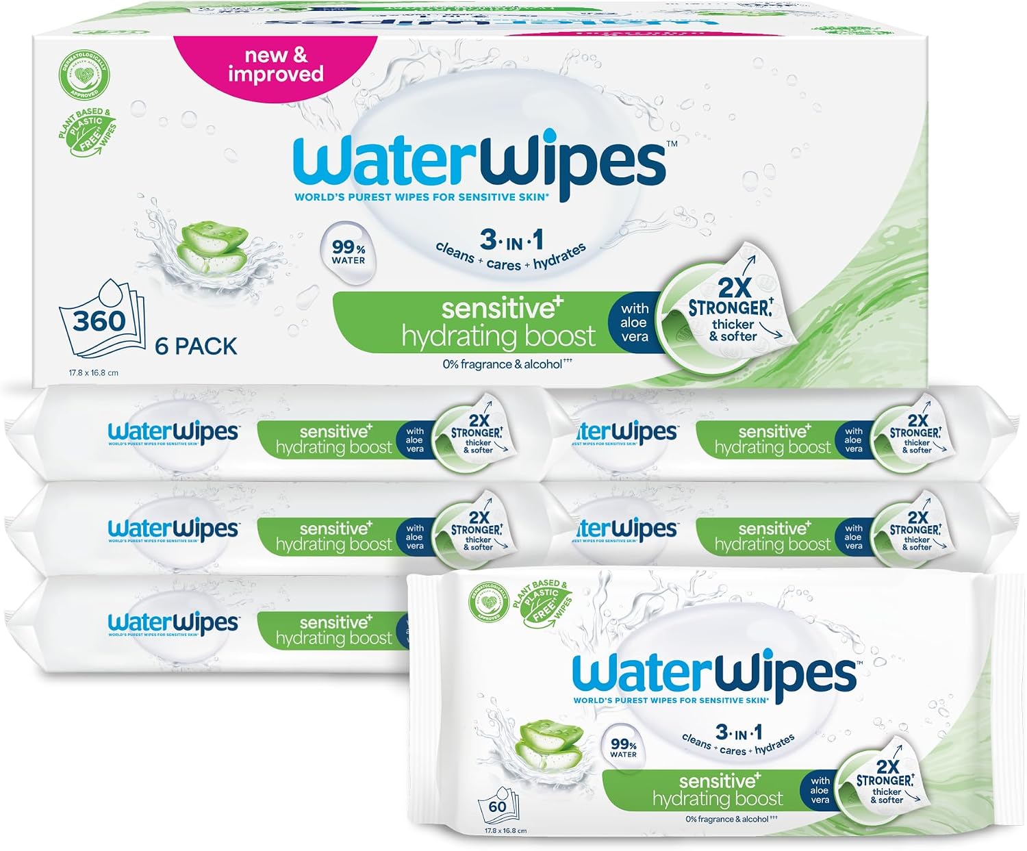 WaterWipes Sensitive+ Hydrating Boost Wipes, Toallitas Hidratantes, 360 unidades (paquete de 6), 3 en 1 Limpia, Cuida, Hidrata, 99% Agua con Aloe Vera, Toallitas sin perfume para bebés