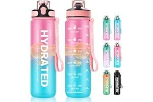 MYFOREST Bouteille d'eau 1000ml - Tritan™ Gourde Sport 1 Litre, Grand Bec pour Grand Gorgée/Paille Amovible pour Petite Siroter, Marqueur de Temps pour Hydratation Motivationnelle, sans BPA