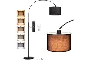 PreeOtti Lampadaire sur Pied Salon, LED E27 Lampe a Pied avec Télécommande, Lampadaire Arc Vintage, 3000K-6000K Intensité Variable pour Salon Chambre Bureau, Abat-jour Noir et Socle Noir, 180cm
