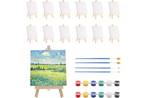 Zosenyer 12 Mini Cavalletto Pittura, Cavalletti in Legno 15 × 18cm e Tela per Dipinger e 12 Colori Acrilici e 4 Pennelli, Portatile Kit Cavalletto da Tavolo per Pittura Bambini e Adulti