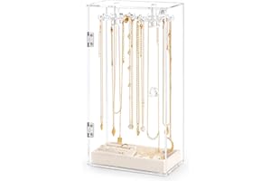 JUPELI Jewellery Necklace Stand, Acrylic Jewellery Organiser Storage with 24 Rotation Hooks, Clear Jewellery Box for Long Necklaces Pendant Bracelets, Necklace Box with Velvet Tray for Rings Earrings